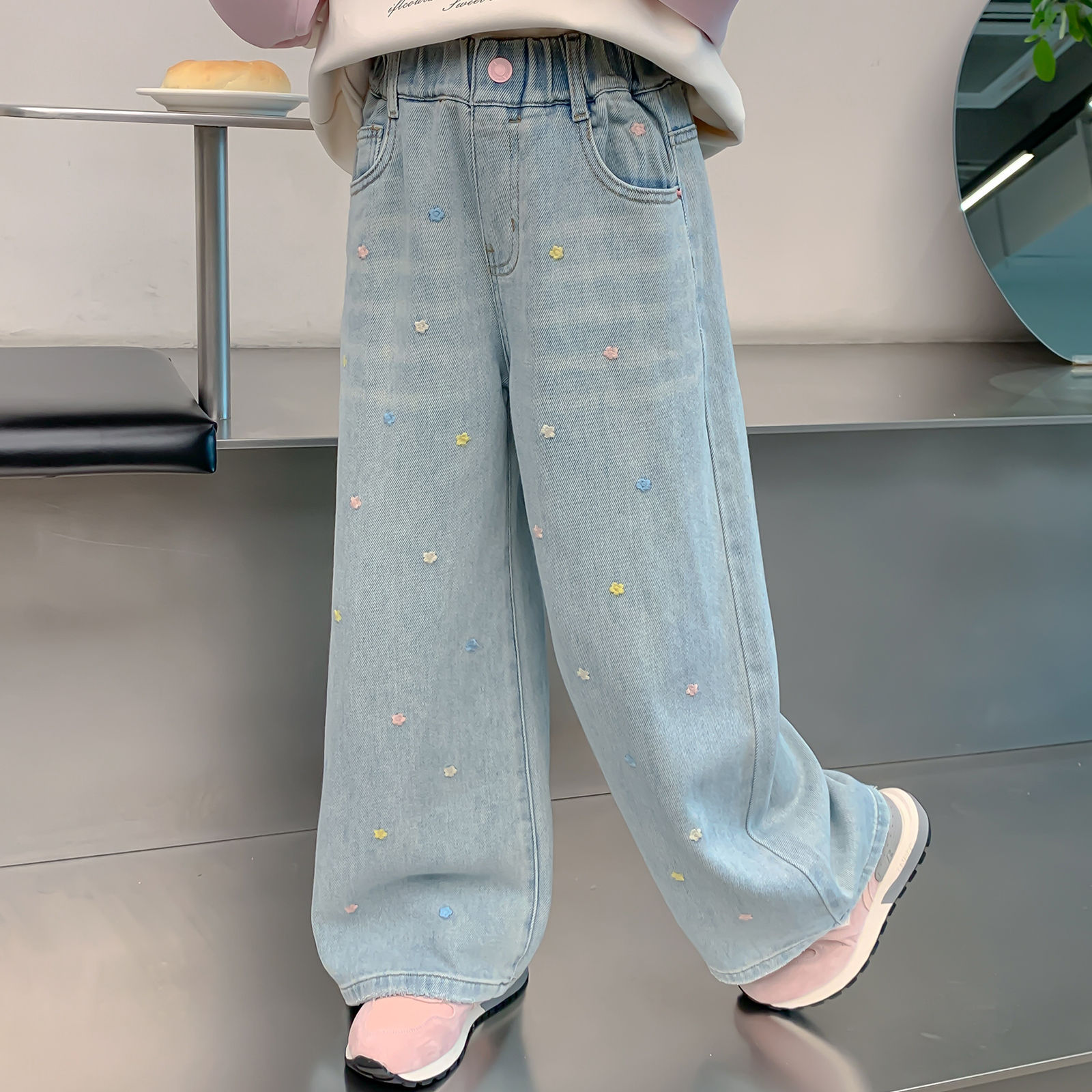 神奇童年女童加绒休闲阔腿牛仔裤
