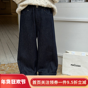 女童洋气豹纹花边加绒牛仔裤冬装2025新款儿童一体绒保暖直筒裤子