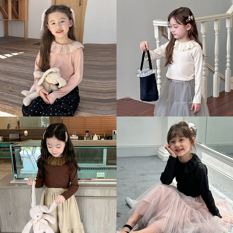 女童洋气翻领长袖打底衫秋新款儿童休闲百搭上衣女孩宝宝纯棉T恤6