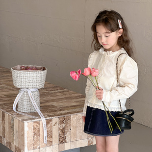女童洋气蕾丝花边衬衫秋季新款女孩女生百搭立领上衣儿童打底衫棉