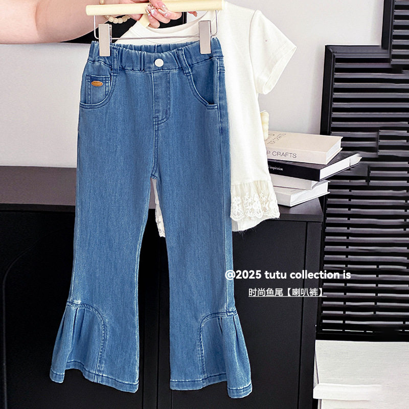图图小象女童洋气薄款牛仔裤夏季新款宝宝纯棉长裤儿童微喇叭裤子