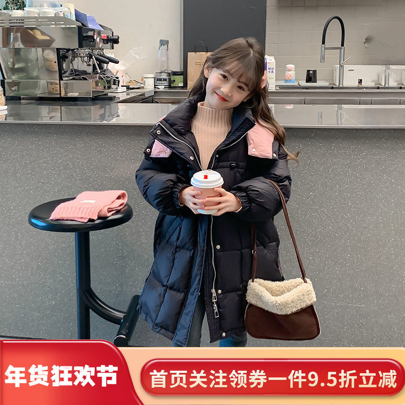 女童洋气中长款棉服冬装2025新款亲子装儿童加厚保暖黑色棉衣外套