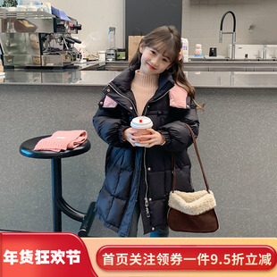 女童洋气中长款棉服冬装2025新款亲子装儿童加厚保暖黑色棉衣外套