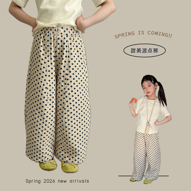 女童洋气波点休闲裤子春季2026新款亲子中大童宽松百搭儿童阔腿裤