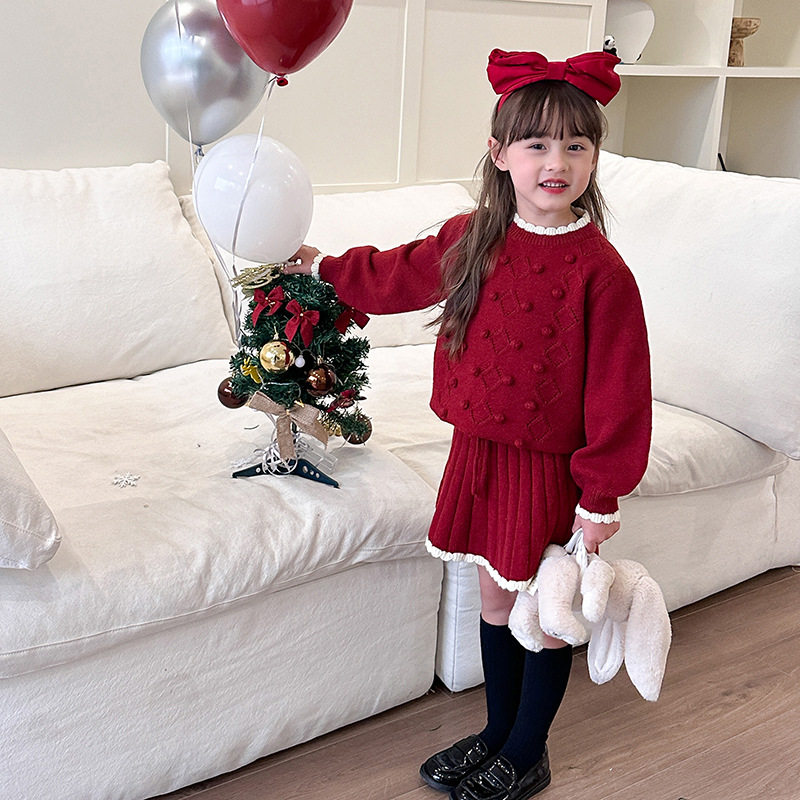 女童洋气红色套装裙子秋冬新款中大童毛衣半身裙儿童两件套连衣裙