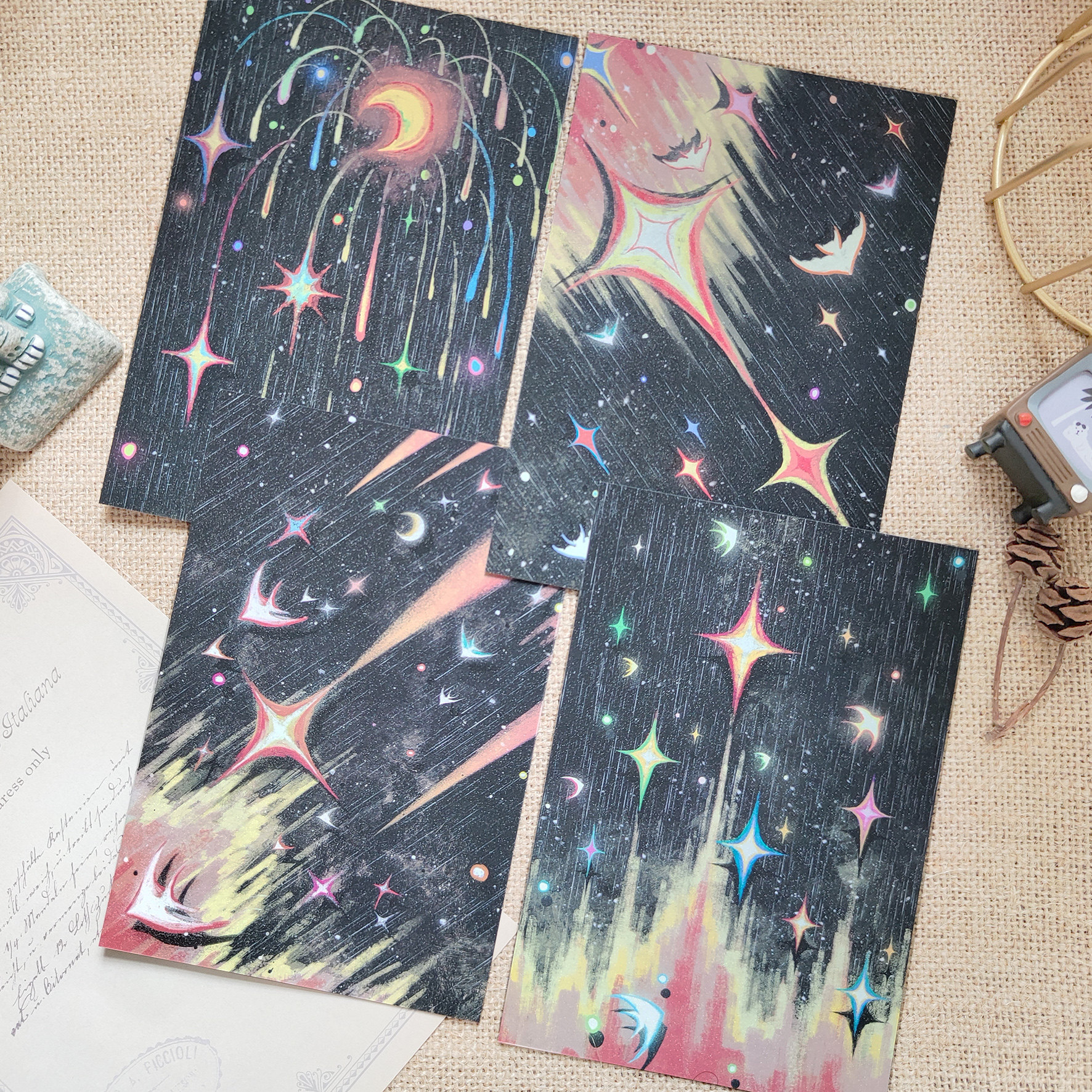 「坠落的星」磨砂满天星夜画雨落插画卡片原创明信片礼物贺卡