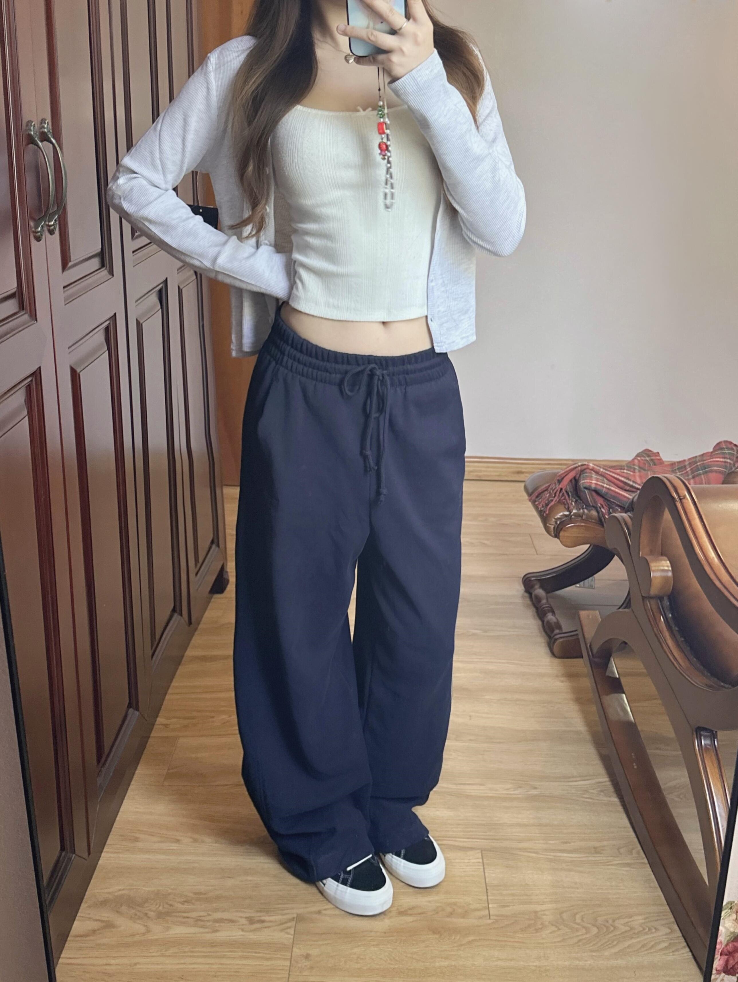 American Navy Blue Casual Machete Pants Women's Autumn high waist Sports Banana Guard Pants Wide Leg Loose Straight-leg Sickle Pants