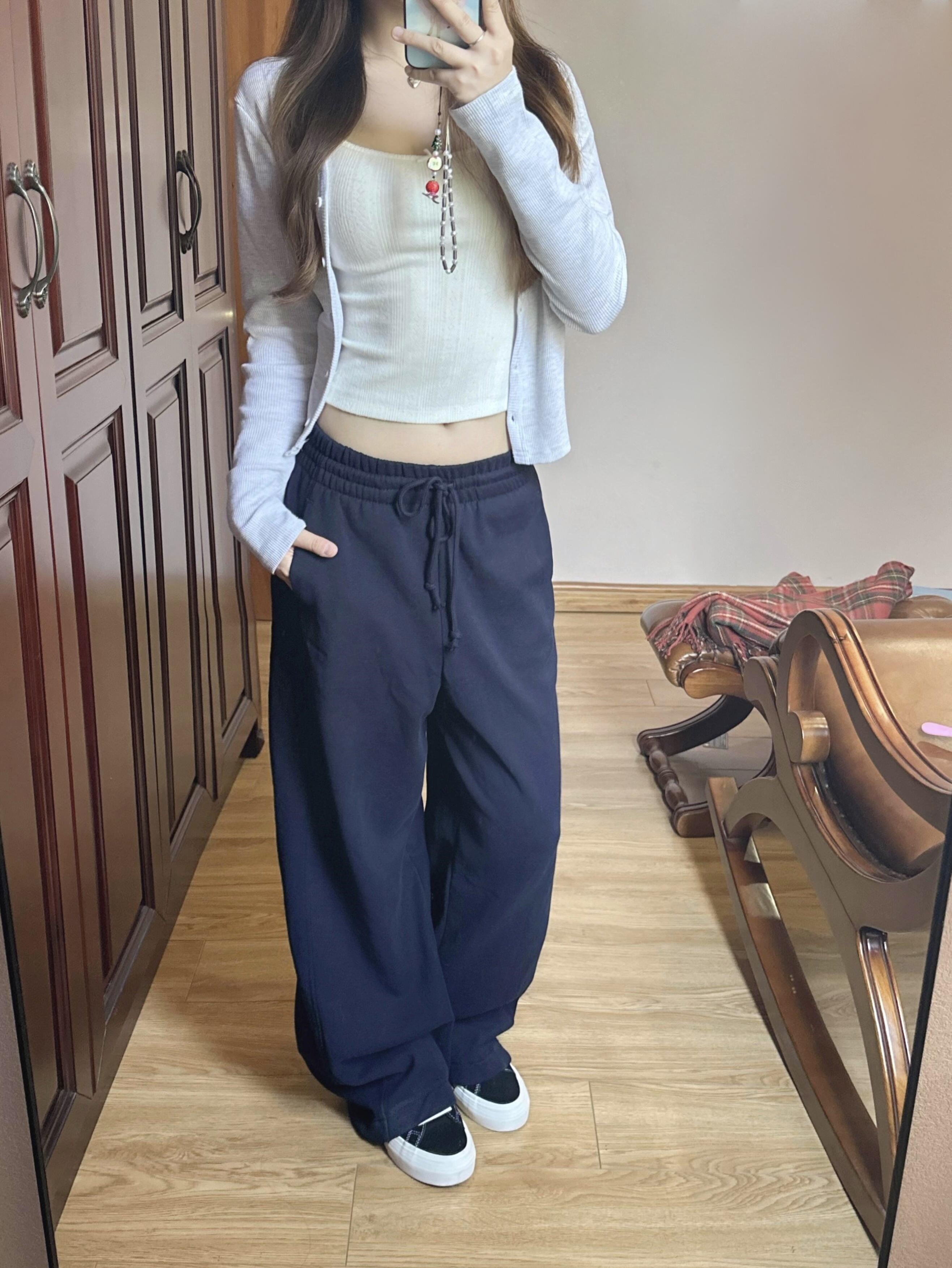 American Navy Blue Casual Machete Pants Women's Autumn high waist Sports Banana Guard Pants Wide Leg Loose Straight-leg Sickle Pants
