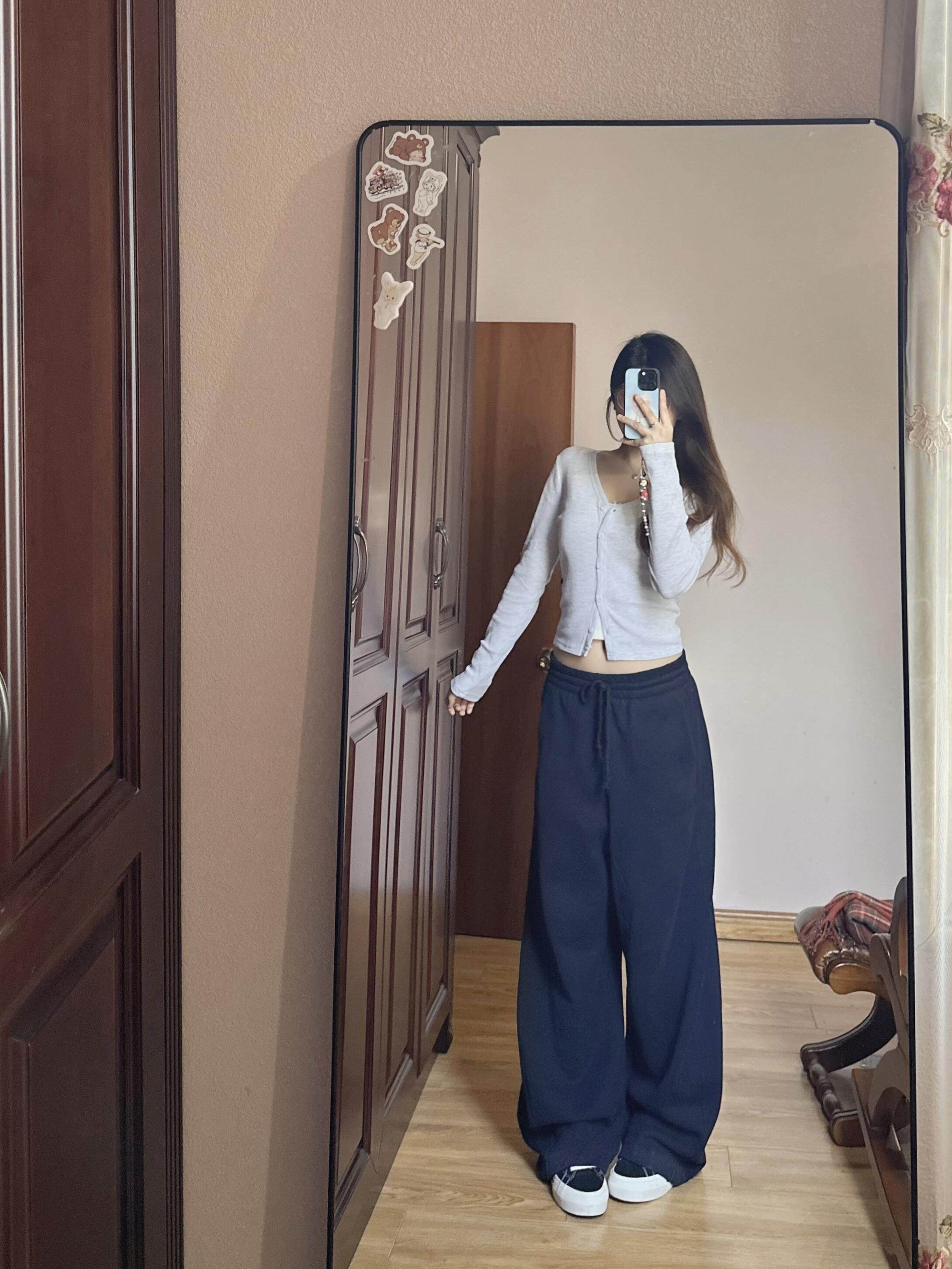 American Navy Blue Casual Machete Pants Women's Autumn high waist Sports Banana Guard Pants Wide Leg Loose Straight-leg Sickle Pants