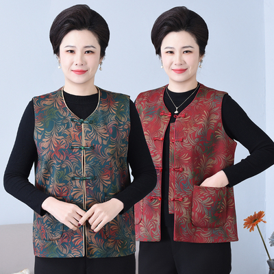 中式印花盘扣春秋妈妈薄马甲外穿