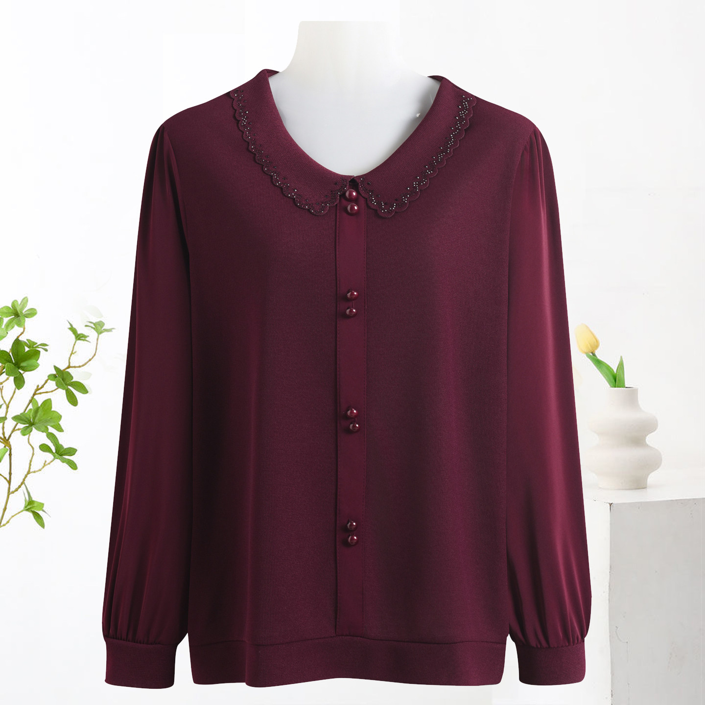 妈妈春装翻领长袖上衣女中老年时尚宽松休闲遮肚小衫针织拼接T恤