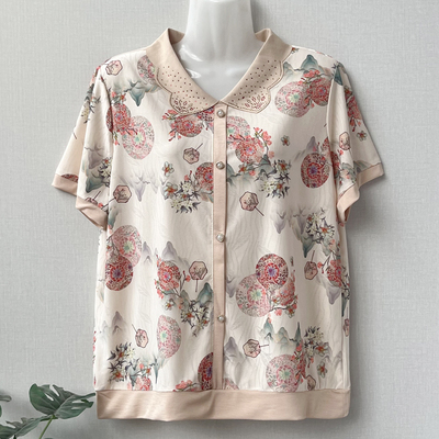 妈妈夏装翻领短袖T恤薄款冰丝衫