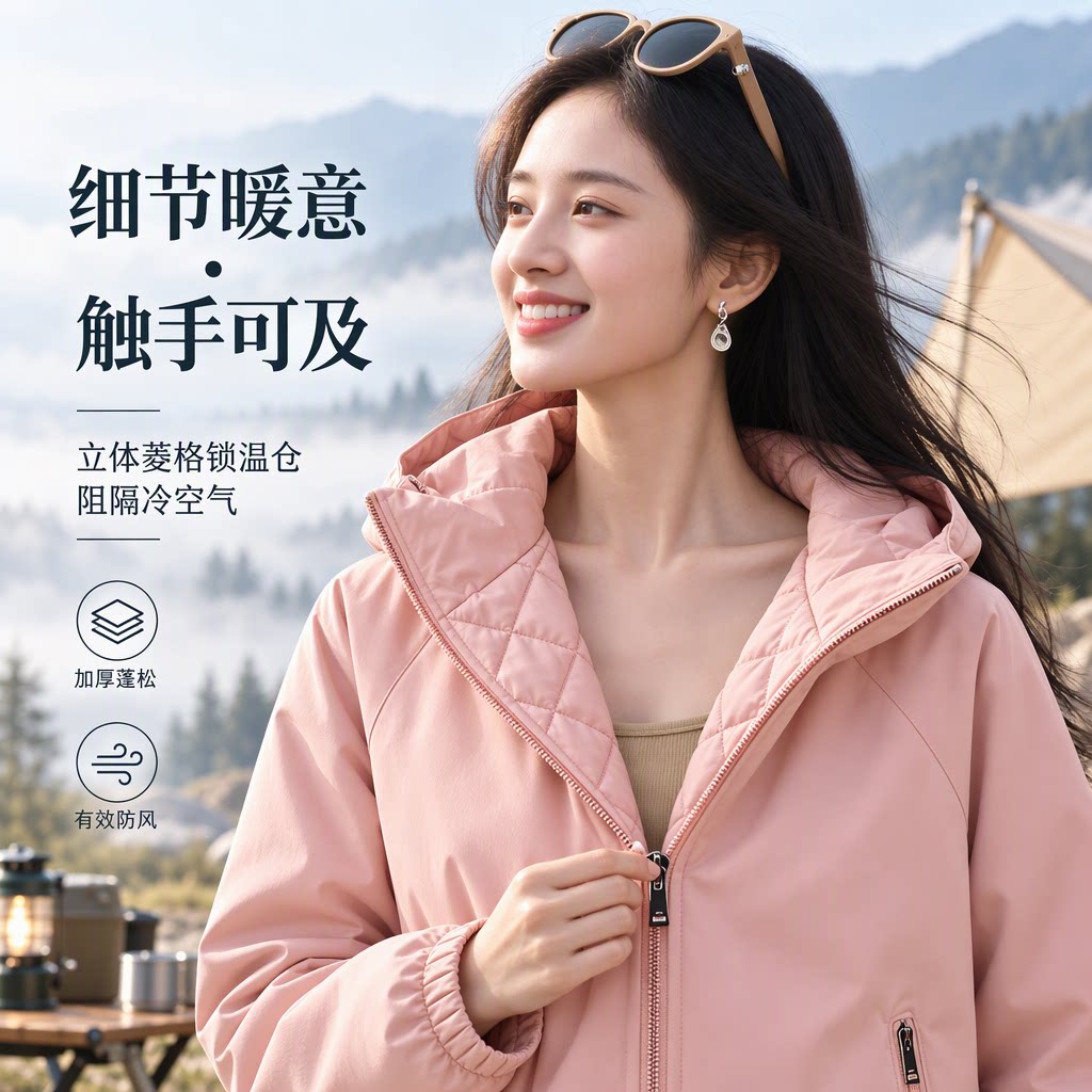 早秋温柔风连帽防风菱格棉衣女