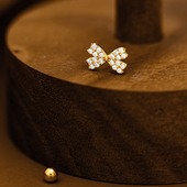 韩国纯10k金黄金耳钉女 镶钻蝴蝶结螺纹螺丝耳饰通体k金不褪色