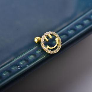 韩国流行纯10K黄金耳钉女 可爱镶钻笑脸螺纹耳饰游泳睡觉不用摘