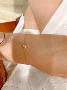 首尔k金纯14k金黄金韩国手链 时尚简约圆锆石可调节彩金手链女