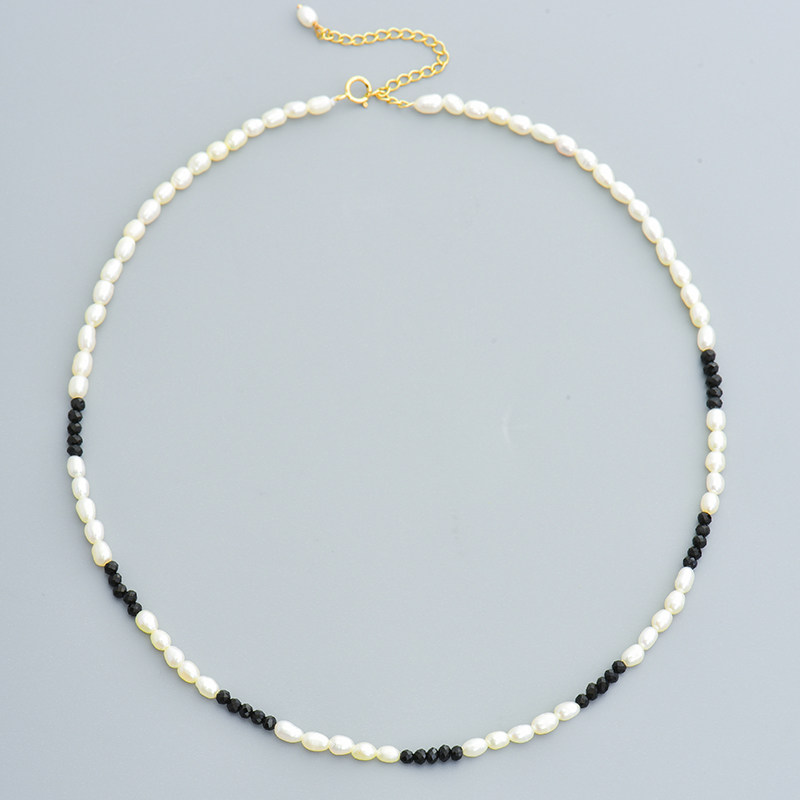 韩国时尚纯14k金黄金项链 精致个性黑尖晶珍珠拼接满天星彩金项链