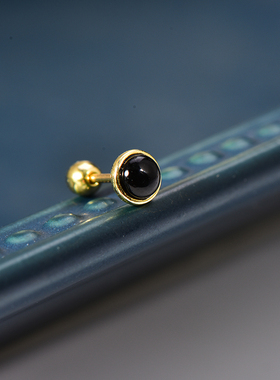 韩国正品纯10K 14K金耳钉 时尚简约黑色圆形耳饰睡觉不用摘潮单只