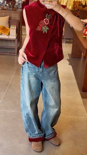 26早春高端定制真丝丝绒石榴钉珠绣花马甲女轻奢品质新中式设计感