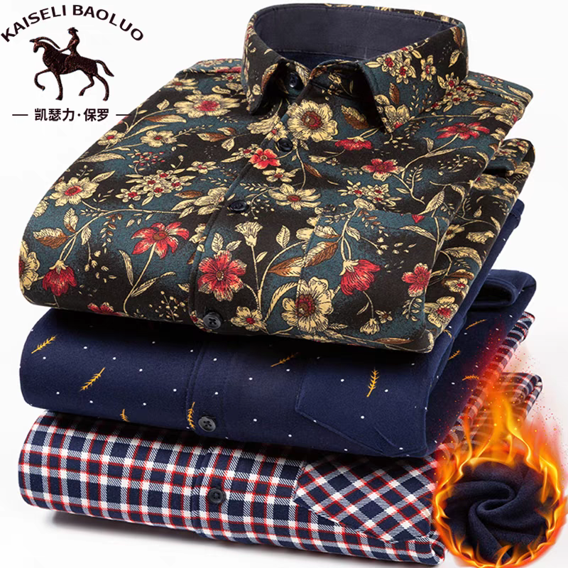 保罗长袖加绒加厚格子保暖衬衫