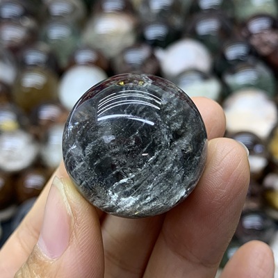 天然蓝幽灵聚宝盆水晶球摆件直径29.3毫米墨蓝幽灵千层聚宝盆