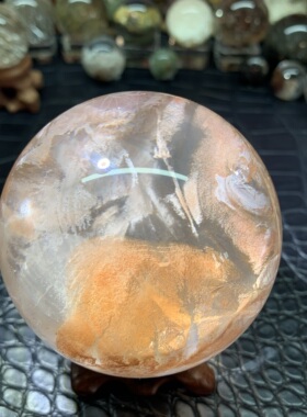 天然粉胶花聚宝盆水晶球摆件直径61.6毫米粉胶花