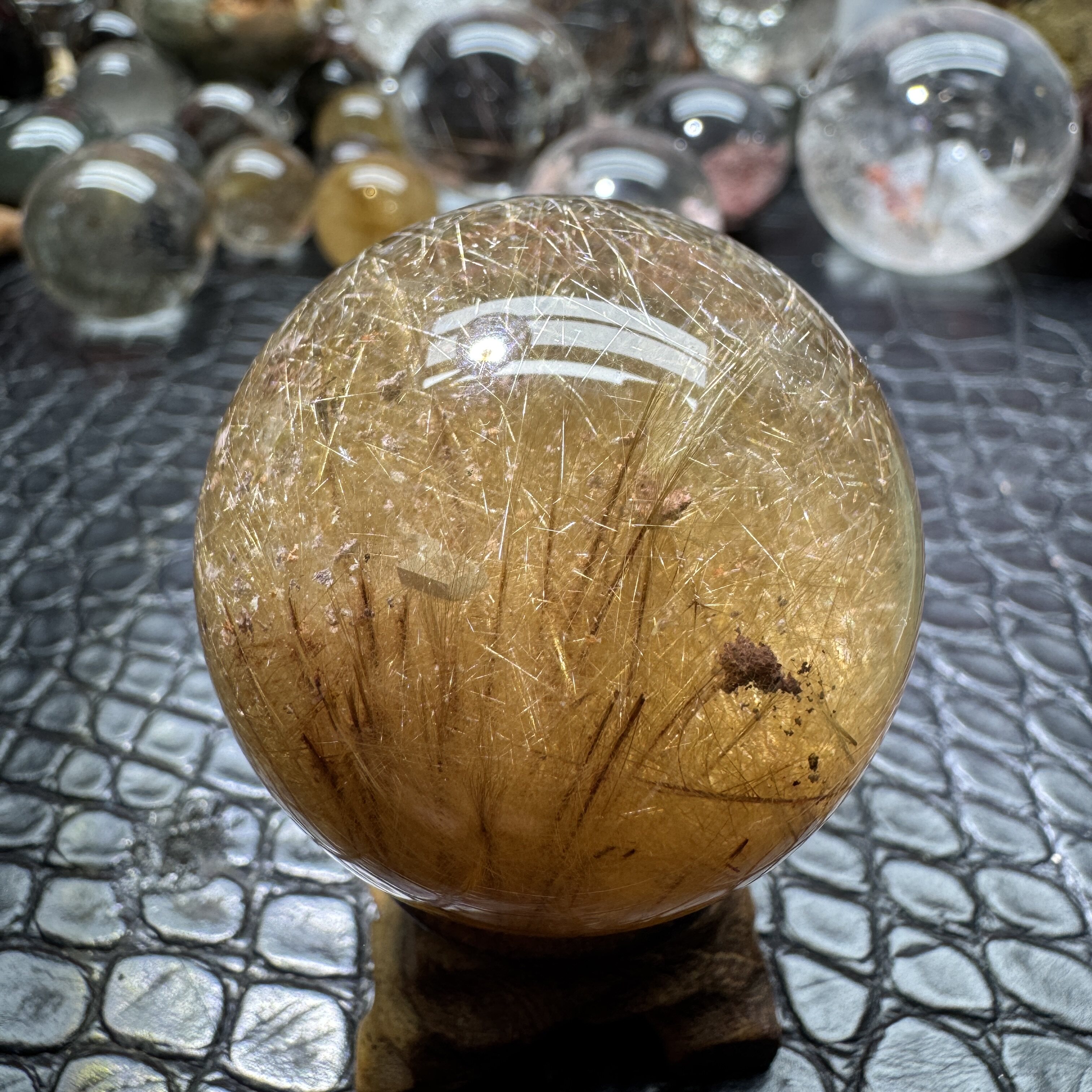 天然发晶花金发晶球摆件直径42.3毫米发晶方解石共生矿