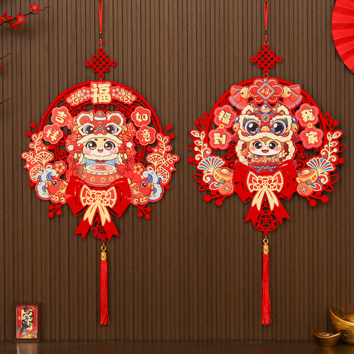 春节舞狮福字红色立体剪纸门贴