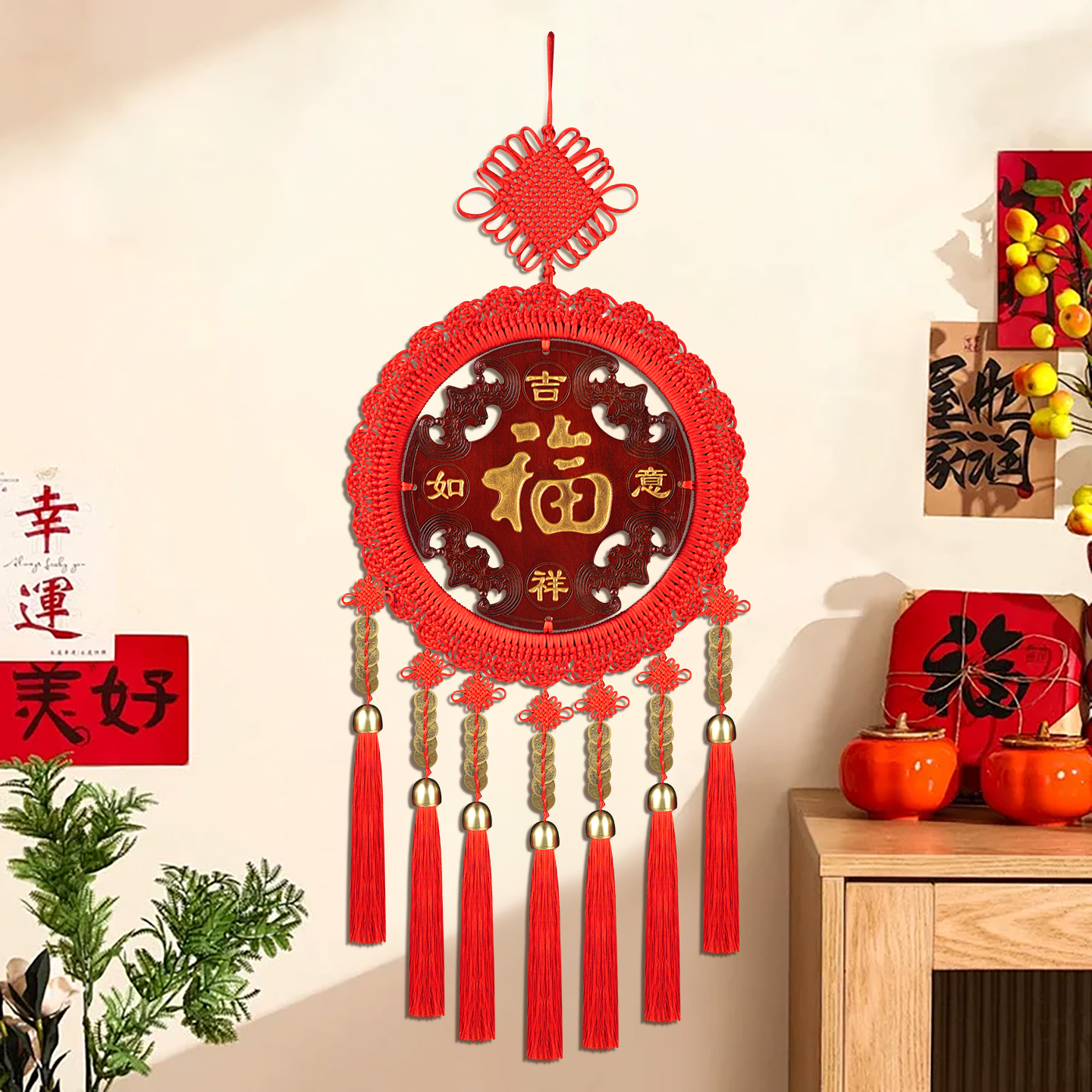 中国结挂饰客厅挂饰红色大号桃木福字2026新款玄关走廊入户门挂件