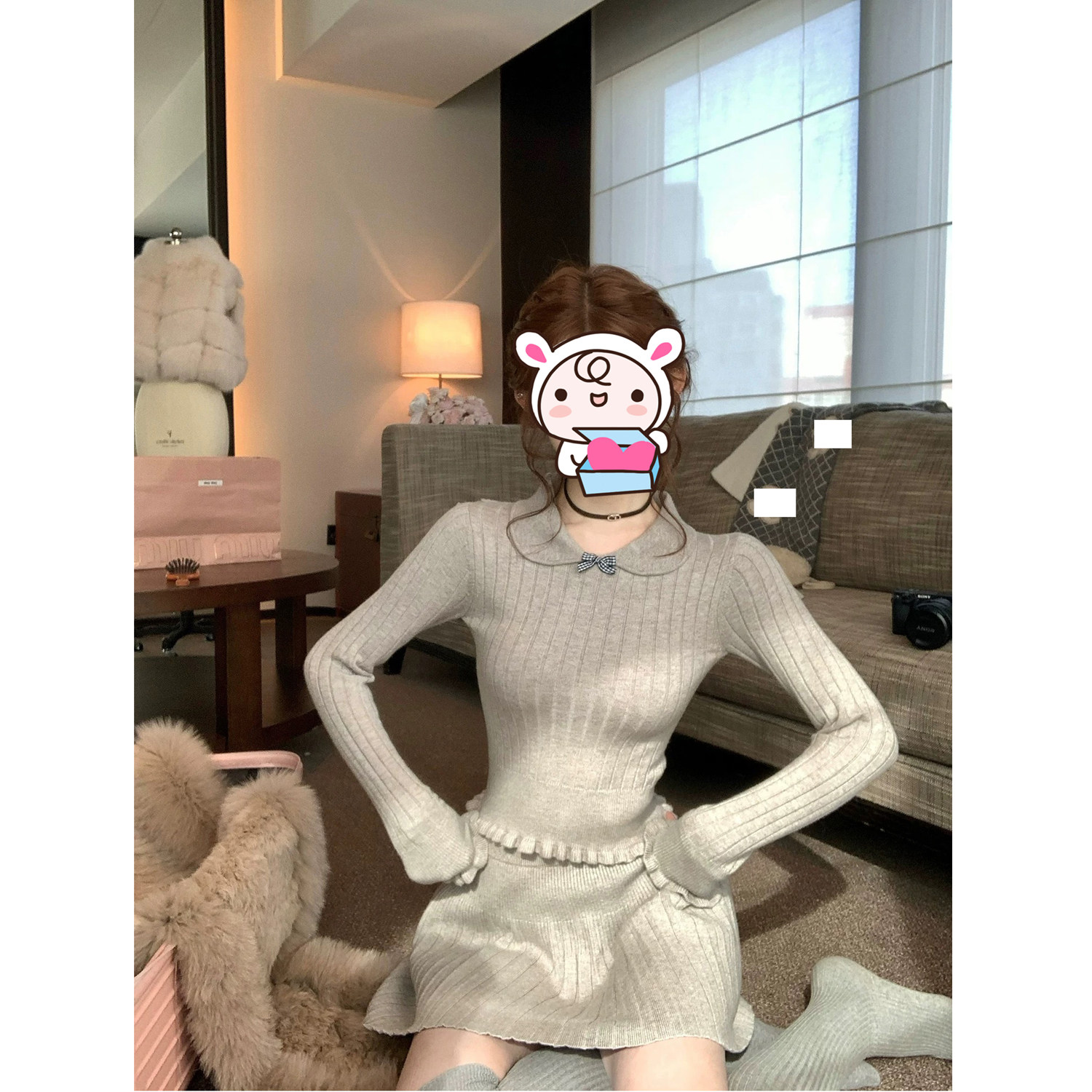 伞伞2迟6s/s 灰色风信子 潘彼得领蝴蝶结针织上衣百褶半裙套装