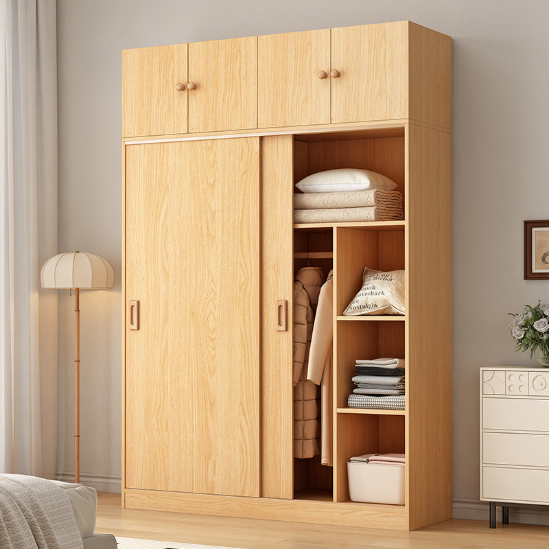 实木衣柜家用卧室原木风出租房用儿童定制移门储物推拉门收纳柜子