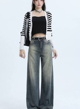 弄格2023新款秋冬加绒复古做旧直筒牛仔裤女高腰显瘦宽松阔腿裤子