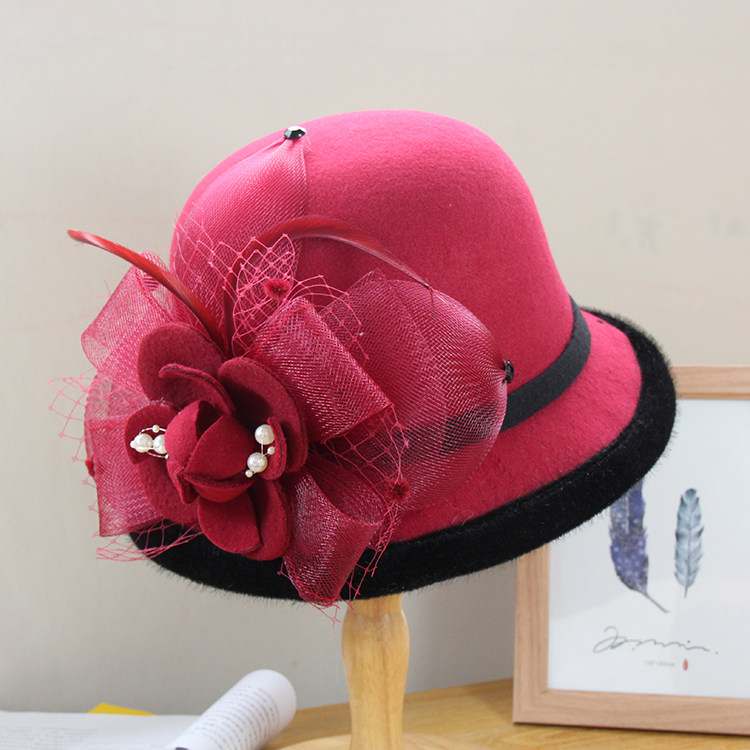秋冬女士羊毛呢盆帽英伦赫本风优雅网纱花朵小礼帽保暖时尚渔夫帽