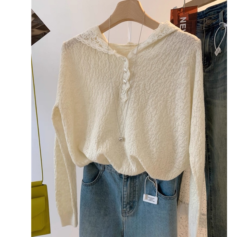 高级感精致钩花连帽内搭蕾丝打底衫别致长袖针织衫宽松镂空上衣秋