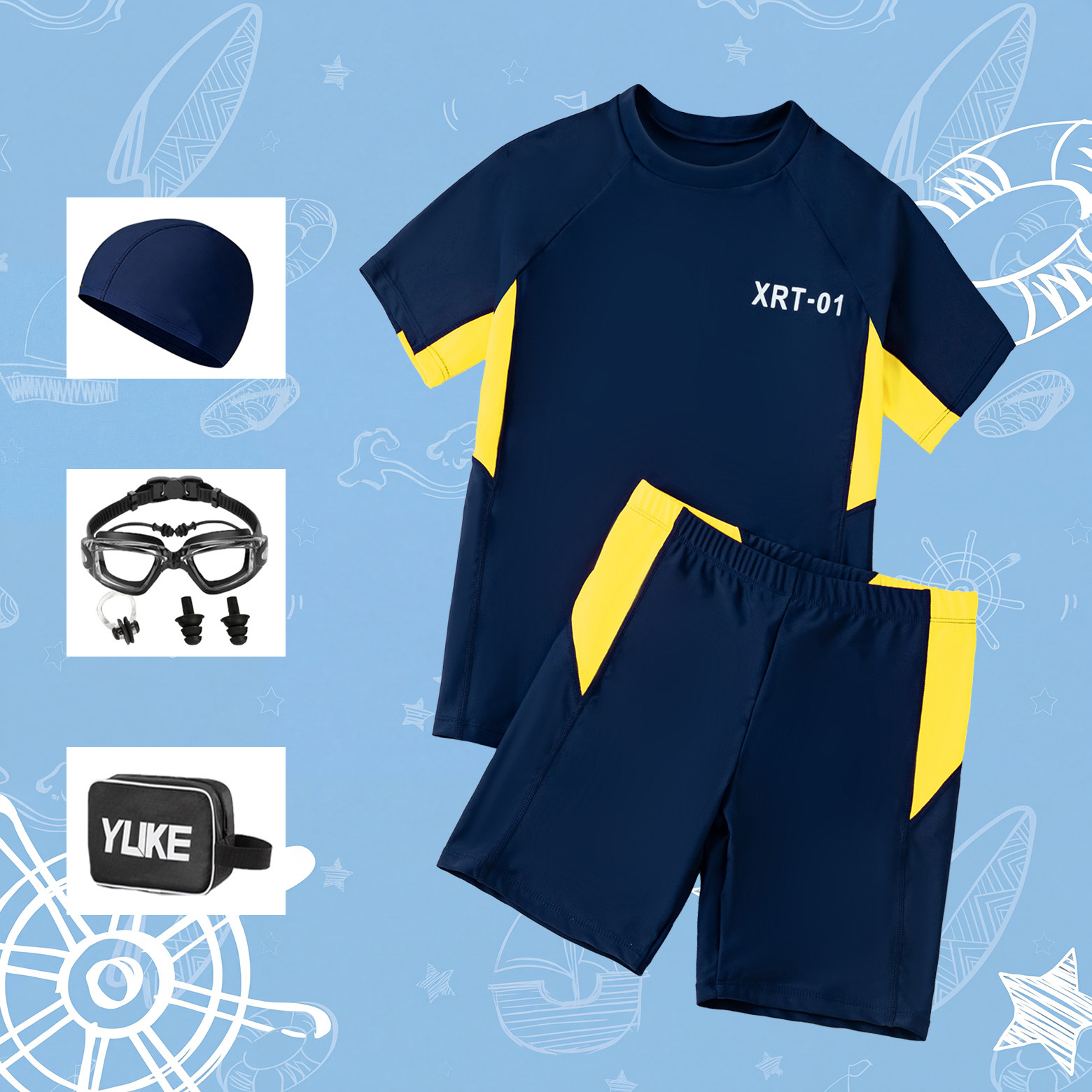 儿童泳衣男童分体短袖速干泳装套装中小学生游泳训练服高弹性面料