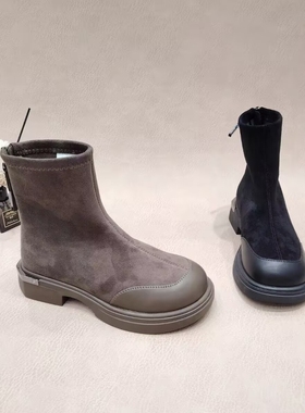 真皮！专柜女鞋低跟平底短靴女拼色时尚洋气Z538360-2A