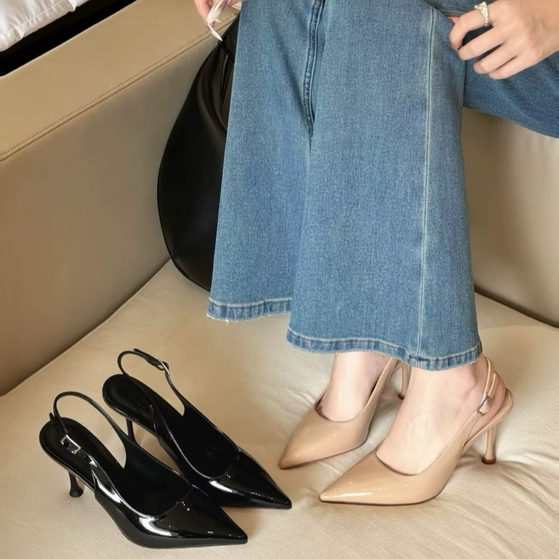 法式一字带细跟尖头高跟鞋