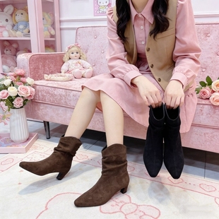 短靴女Z538111 专柜商场撤柜断码 粗跟圆头显瘦气质绒面时装