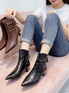 专柜商场撤柜断码细跟尖头时尚气质后拉链时装短靴女Z538108-8A