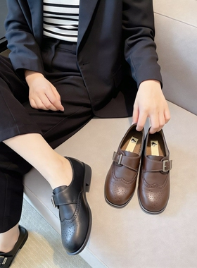 真皮+绒里！布洛克！商场断码粗跟圆头乐福小皮鞋女KD261603-1B