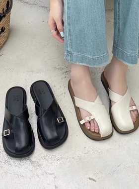 真皮牛皮！专柜撤柜夏外穿休闲罗马沙滩鞋气质包头拖鞋女M6552599