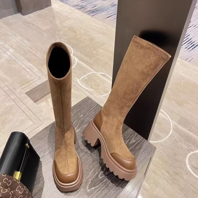 厚底骑士靴！不过膝！专柜商场撤柜断码拼接弹力长筒靴M031609-1A