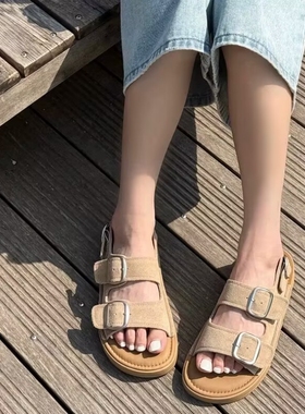 真皮！商场撤柜断码厚底勃肯拖鞋女百搭休闲露趾凉鞋Z38752-11