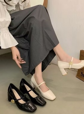 真皮！专柜断码法式中高跟方头玛丽珍单鞋配裙子晚晚鞋女9907-3