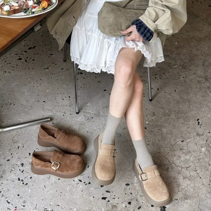 反绒皮！商场断码勃肯鞋女厚底休闲鞋金属扣带圆头单鞋Z538310-7