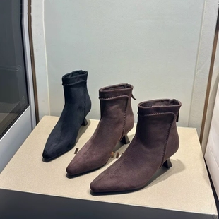 11A 短靴女M03129 专柜商场撤柜断码 处理细跟圆头绒面洋气时装