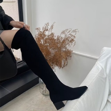 过膝靴！后拉链！专柜女鞋粗跟中跟尖头绒面长筒靴子KM235321-9B