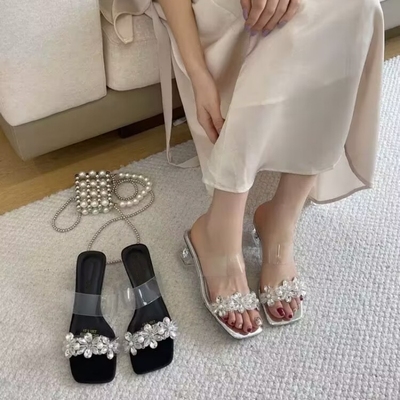法式透明跟仙女风配裙子水钻凉拖
