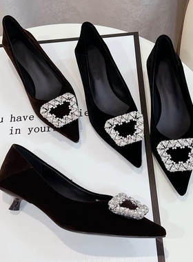 金丝绒！专柜商场撤柜断码细跟低跟水钻尖头浅口单鞋女YD25128