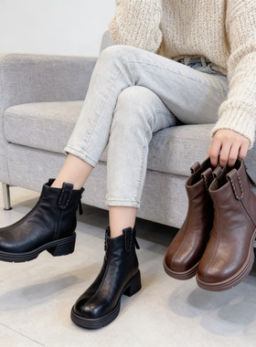 专柜商场撤柜断码粗跟圆头后拉链时尚洋气时装短靴女KM255205-5B